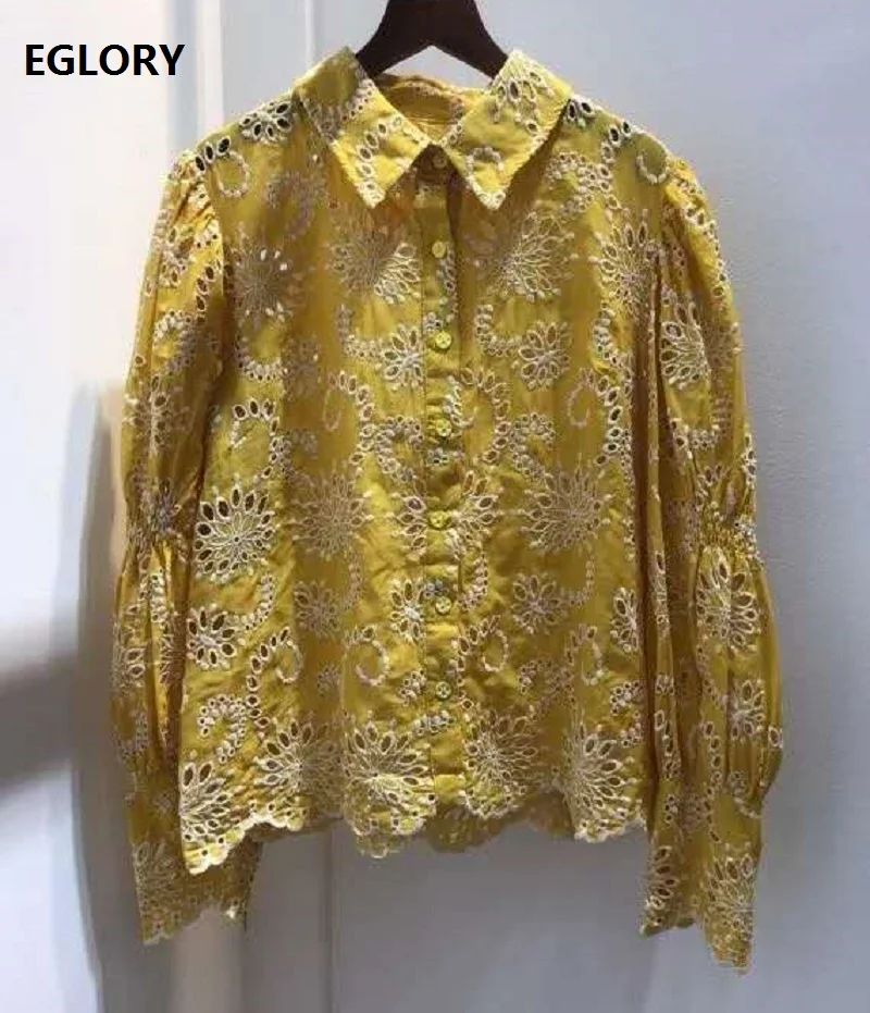 

Tops Fashion New Blouses Shirt 2020 Autumn Winter Cotton Shirts Women Allover Exquisite Embroidery Pink Yellow Cotton Shirts XL
