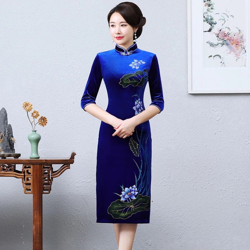 

Women Chinese Style Vintage Button Cheongsam Qipao Beads Velour Mandarin Collar High Split Sexy Evening Party Dress Plus Size