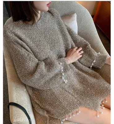 H. SA, женский модный вязаный пуловер и свитер, мягкий теплый мохер с бусинами, неровный длинный свитер и джемпер, зимний, из искусственной кожи