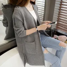 Горячая Распродажа Весна Осень женский свитер Повседневный длинный кардиган Модный корейский тонкий карман свободный вязаный свитер верхняя одежда пальто