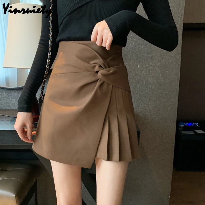 Корейская Ulzzang, Осень-зима, Женская мини-юбка с завышенной талией, Нестандартная плиссированная юбка, Femme, черная, хаки, высокая уличная Женская юбка