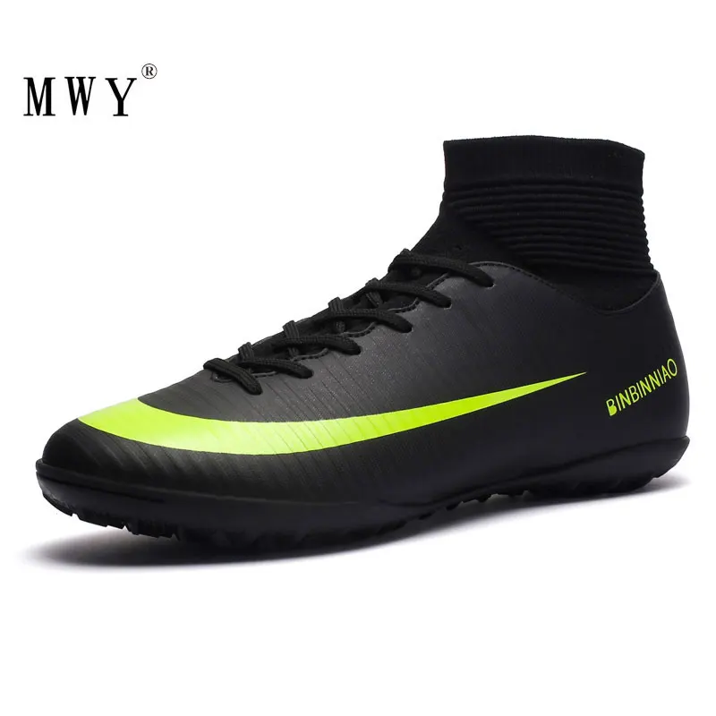 Cena MWY męskie buty piłkarskie knagi sportowe buty za kostkę czarne trampki kryty Turf Futsal buty piłkarskie mężczyźni Voetbal Schoenen Trainer