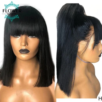 

13x6 Lace Front Wigs Bob Wig Short Human Hair Wig With Bangs For Black Women Straight Brazilian Bang 150% Density FlowerSeason