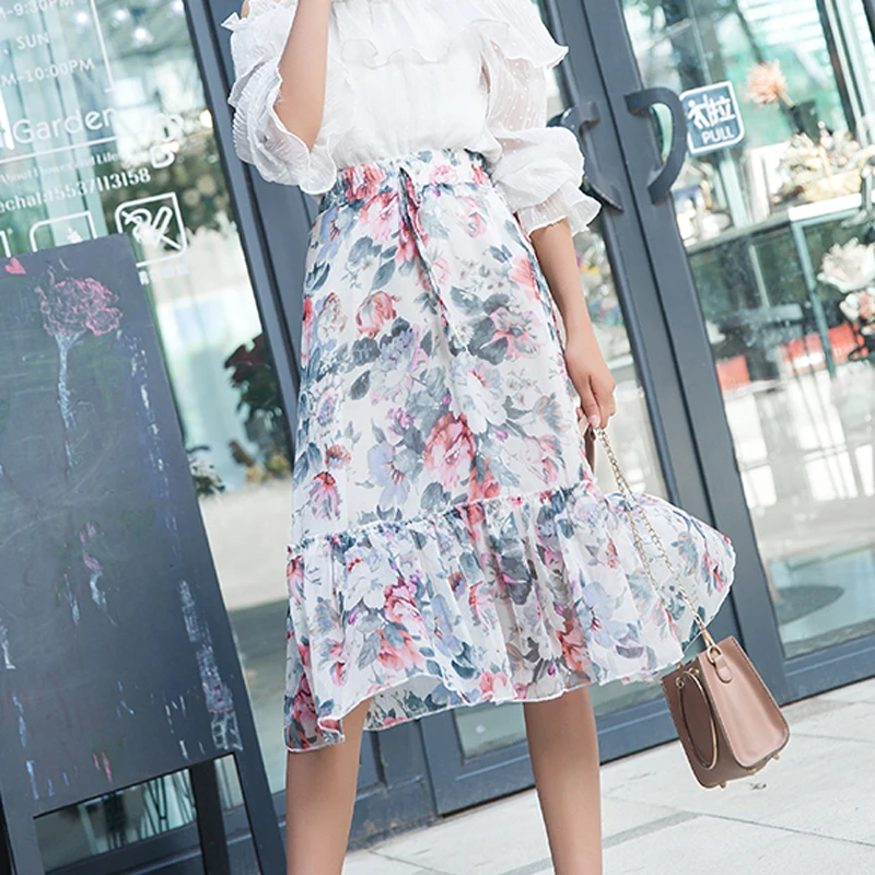 

New Women's College Style Small Fresh Floral Chiffon Skirt Fashion Female Elastic High-Waist Vacation Beach-Party Ladies Skirt