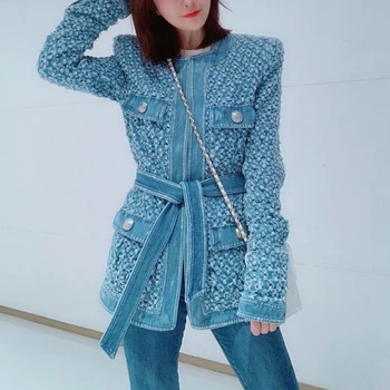 

Vintage Blue Denim Jacket With Belt Waisted Ripped Hole Women Coat 2020 Autumn Long Sleeve Pockets Streetwear New