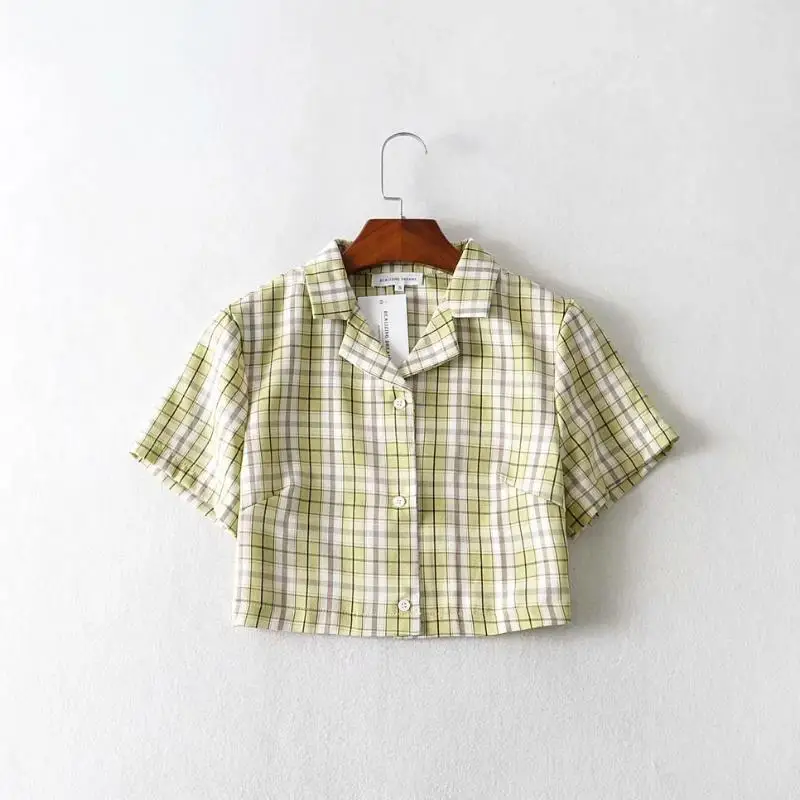 ladies white shirt Korean style crop top womens tops ladies plaid shirts women button up shirts short sleeve blouses women plaid tops kawaii women's shirts & tops Blouses & Shirts