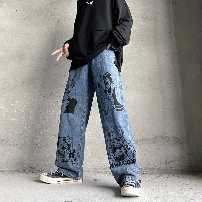 2021 Japan Cartoon Anime Girl Graffiti Harajuku Men Baggy Jeans Trousers Y2K Straight Women Wide Vintage Denim Pants Oversize