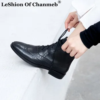 

Size 33-40 Soft Cow Leather Boots Women Lace up Zip Cut Out Brogue Shoes Woman Ladies Flat Ankle Boots Black Booties Botas Mujer