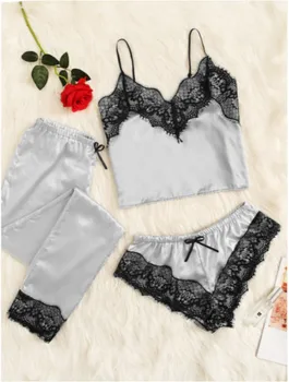 

9 Colors Summer Women Satin Lace Sleepwear Babydoll Lingerie Nightwear Shorts Female Sexy Sleepwear Set Outfits 3pcs/Set