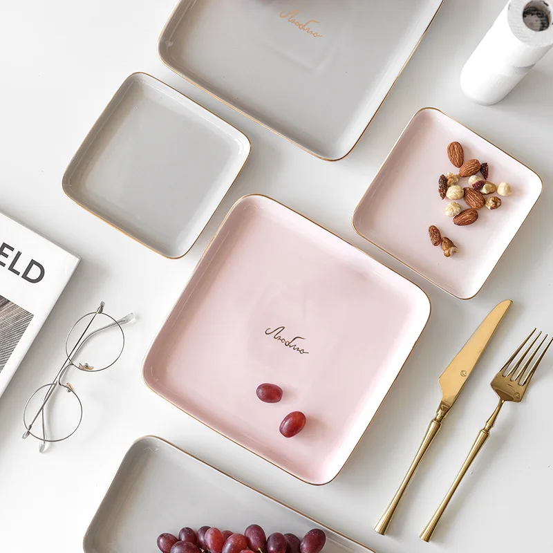 

Simple Style Nordic Design Ceramic Plate With Gold Rim Porcelain Noodles Dessert Dish Plate Restaurant Household Tableware Set