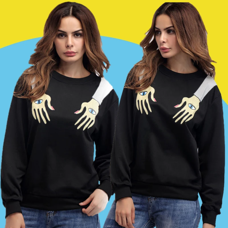 Свитер с принтом глаз и рук женская осенняя одежда Свободный Топ круглым вырезом