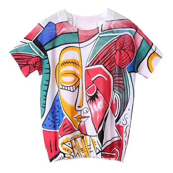 

2020 Women Knitted T-shirt Loose Short Sleeve Tops Popular Abstract Pattern Printed Thin Viscose Women's Printed Street T-Shirt
