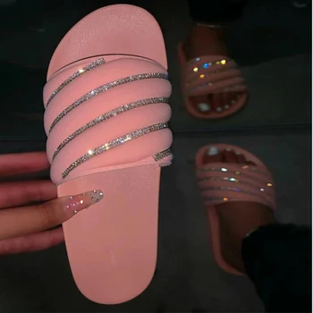

Summer Slippers Women's Shoes Non-slip Beach Non Slip Plus Size Ladies Slides Rhinestone Rainbow Color Outdoor Female 2020 New