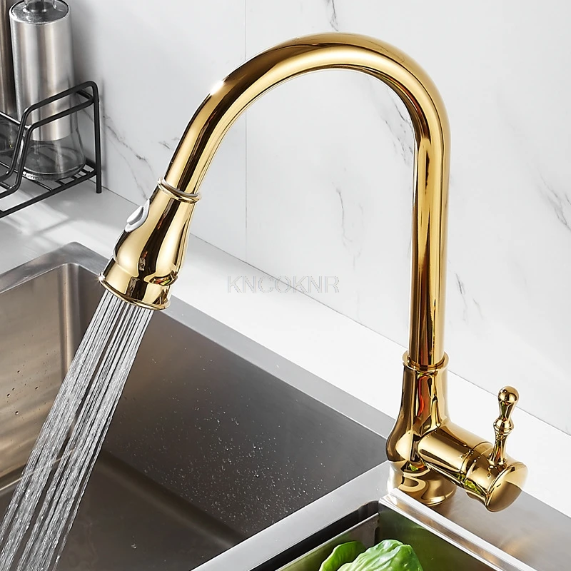 

All-bronze golden kitchen faucet pull-out sink sink hot and cold household telescopic rotating sink faucet
