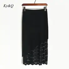 Новинка, модные повседневные женские юбки с высокой талией, осенне-зимние кружевные лоскутные вязанные черные юбки миди, одежда