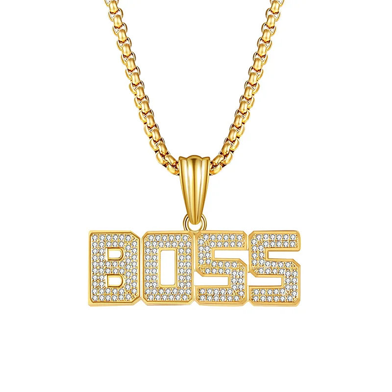 

2019 Punk Personalized Crystal "Boss" Letter Necklace Gold Long Chain Statement Necklace Men Jewelry Hip Hop Necklaces Pendants