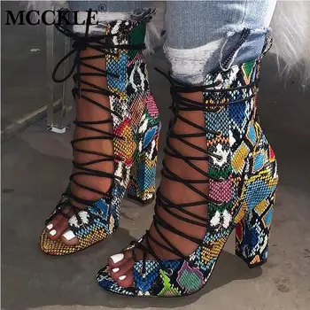 

MCCKLE Spring 2020 New Cross Tied Heel Pumps Green Peep Toe Roman Women Lace-Up Boots Sandals Design Ankle Boots For Women