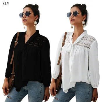 

Womens Autumn Sexy V-Neck Blouse Long Puff Sleeves Crochet Lace Splicing Chiffon Shirt Lace-up Bandage Casual Loose Tops