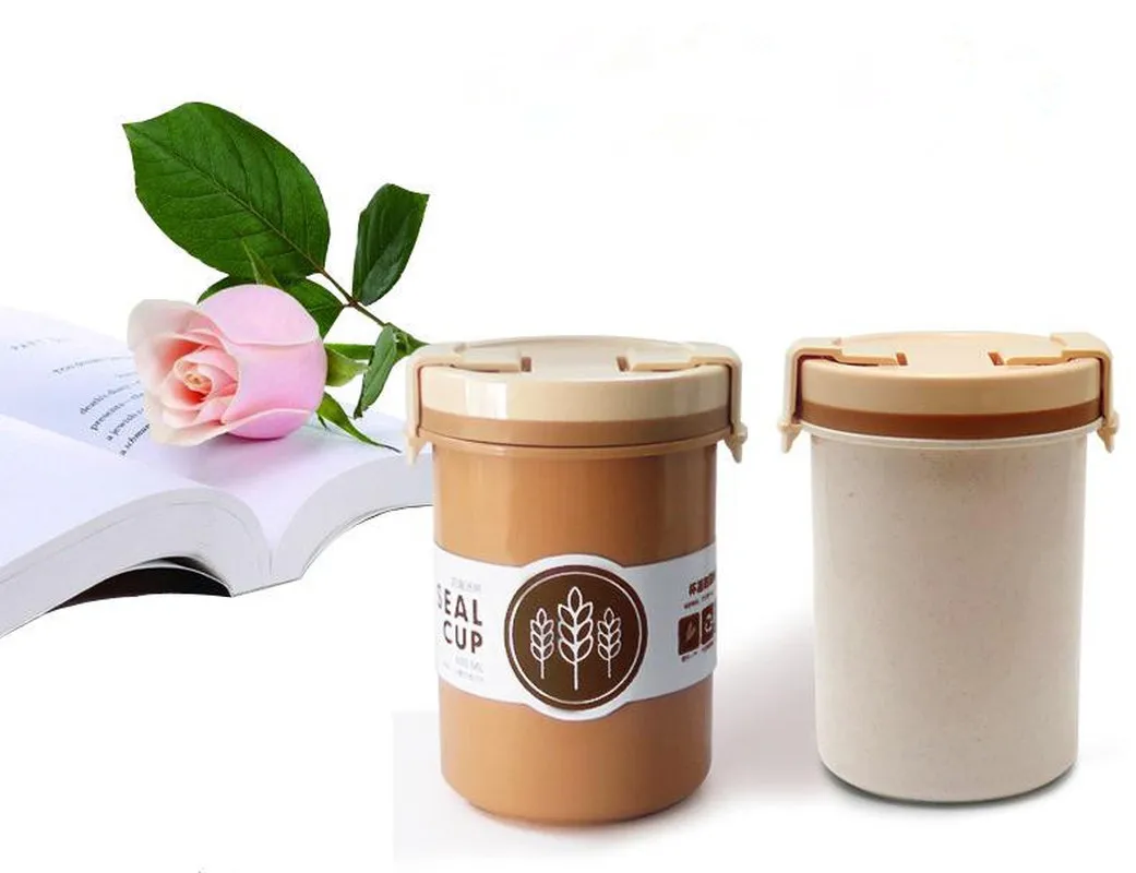 

Wheat Straw Soup Cup Breakfast Cup Leakproof Plastic Buckle Soup Jar Japanese Style Mini Lunch Box 600ML