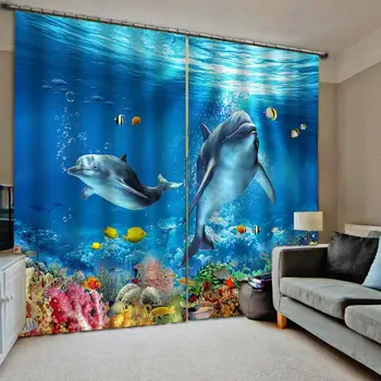 

3D Curtain Printing Blockout Polyester Chinese Blue Underwater World Coral Dolphin curtains for room