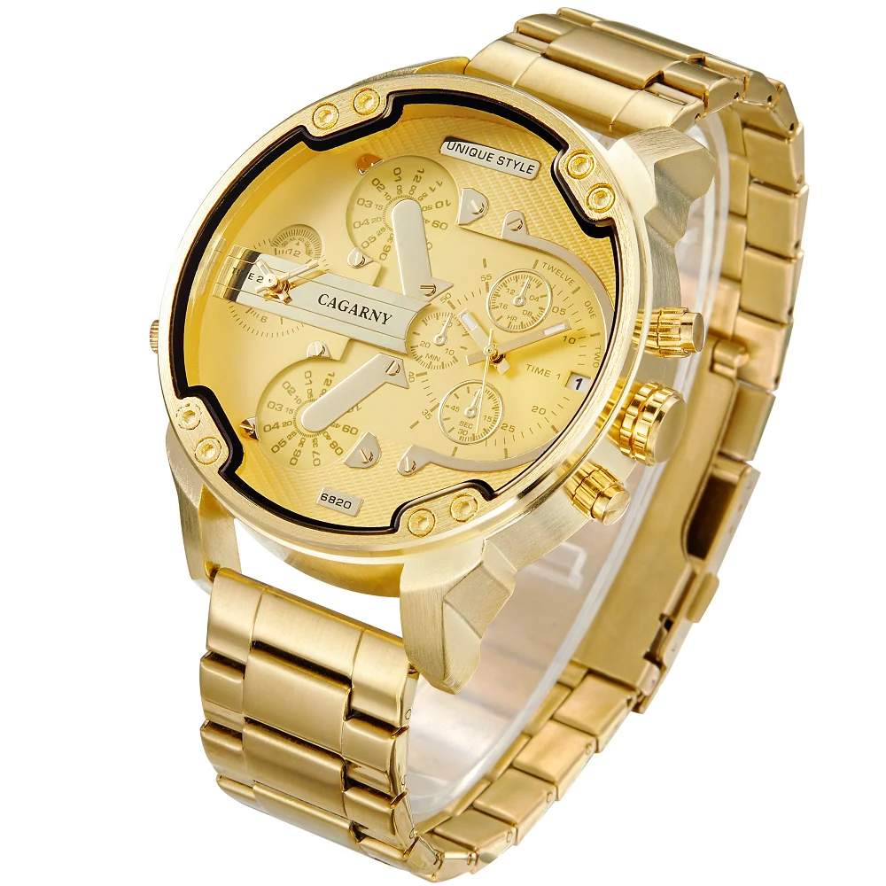 cagarny golden stainless steel mens quartz watches man male clock fashion wristwatches dual time zones auto date military Relogio Masculino free shipping drop shipping  (1)