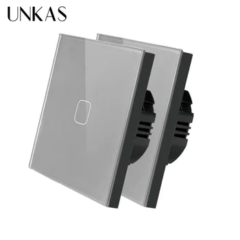 

UNKAS EU 1/2 Gang 1 Way Wall Light Touch Screen Gray Switch 2 Pcs Pack Tempered Crystal Glass Panel 86MM*86MM