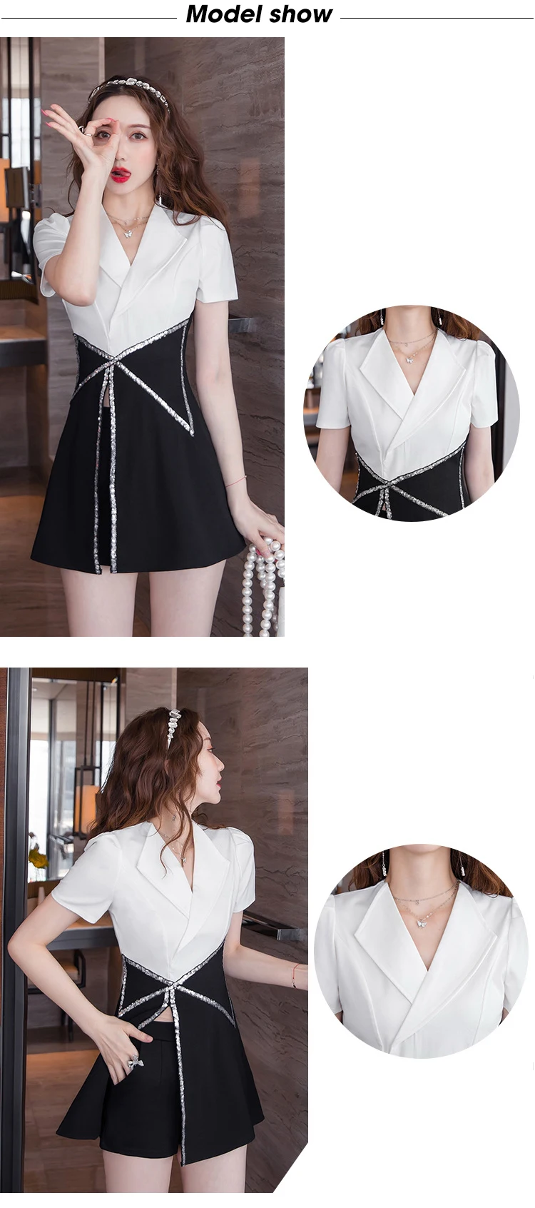 Vintage Short Sleeve Top Casual Women Work Style Black Straight Shorts Black White Splice Split Midi Shirt Blouse 2 Pieces Set yellow pant suit