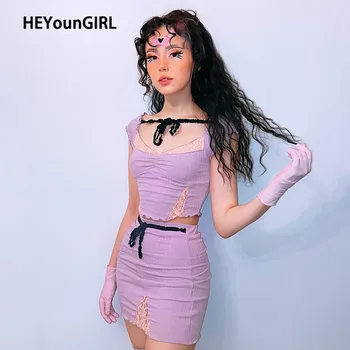 

HEYounGIRL Patchwork Lace Casual Two Piece Set Women Sexy Crop Top and Skirt Matching Sets Bodycon Korean Summer Outfits Ladies