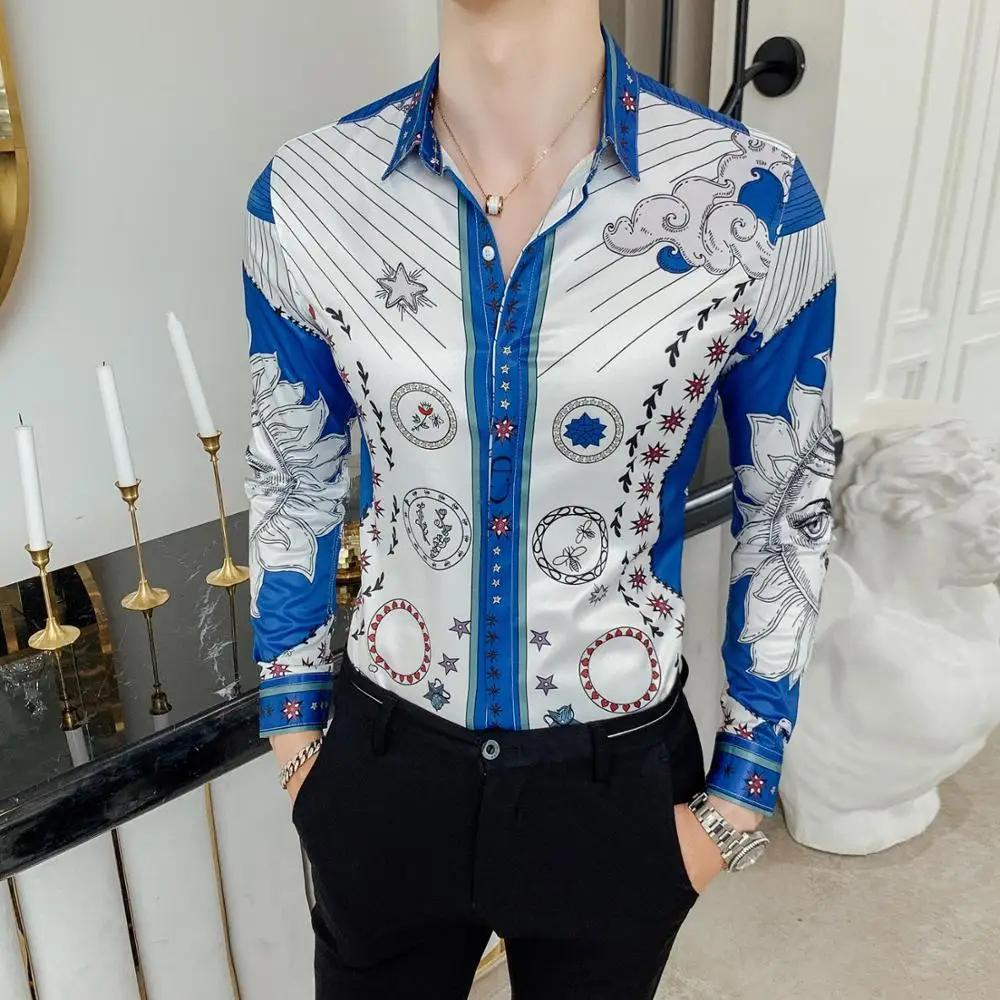 Брендовая мужская Клубная приталенная рубашка с длинным рукавом, новинка, роскошная дизайнерская рубашка с принтом, мужские вечерние рубашки в стиле барокко, M-4XL - Цвет: 2313  white