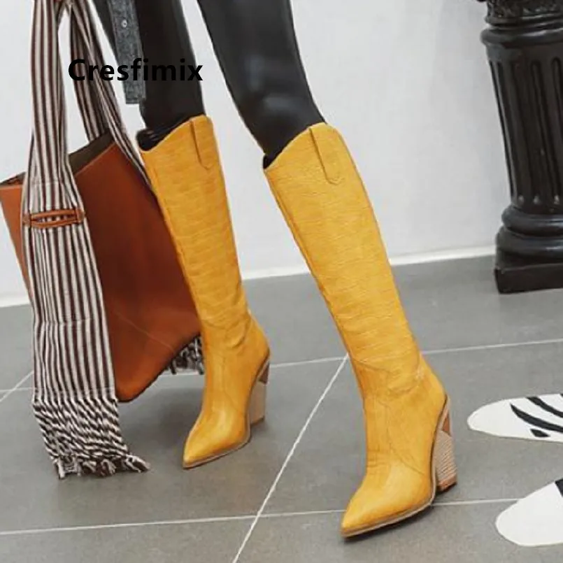 Cresfimix/Botas De Mujer; женские классические ботинки высокого качества; осенние высокие ботинки; Женские зимние кожаные ботинки желтого цвета с острым носком; C6099