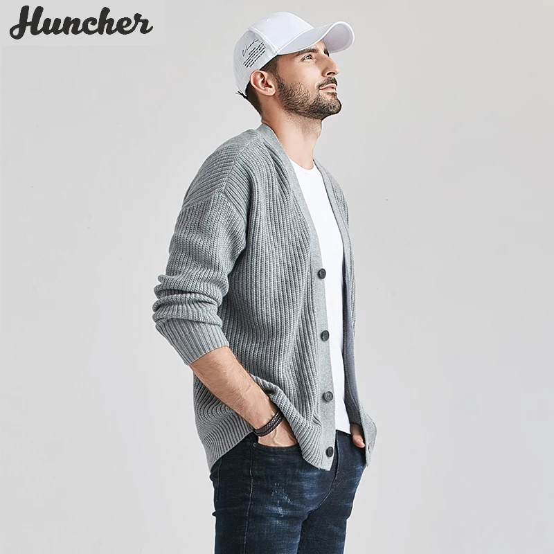 Huncher-cárdigan de punto para hombre, suéter de punto informal, chaquetas abrigadoras, chaqueta coreana, color gris, Otoño, 2020