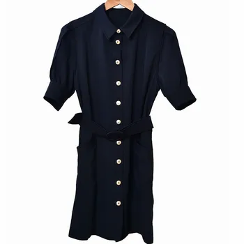

Women's Short Sleeve Turn-down Collar Dress Simple Solid Color Pockets Dress with Sashe and Buttons