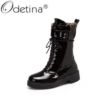 

Odetina Women Lace Up Buckle Strap Round Toe Cross-tied Mid Calf Boots Patent Leather Platform Chunky Mid Heel Motorcycle boots
