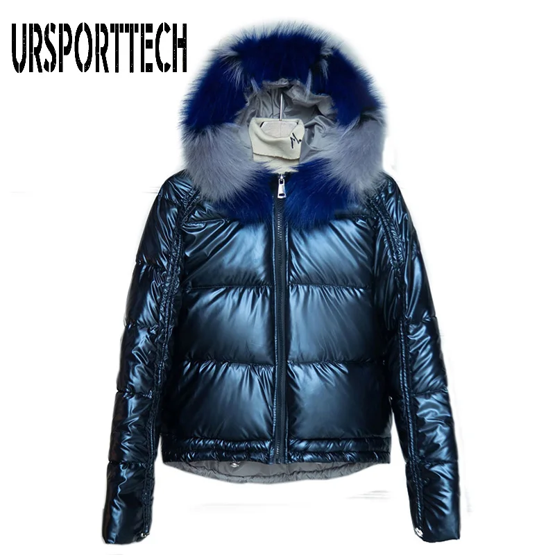 URSPORTTECH Winter Jacket Women Parka Fur Collar Glossy Puffer Jacket Winter Coat Women Plus Size Cotton Padded Jackets Outwear - Color: Blue