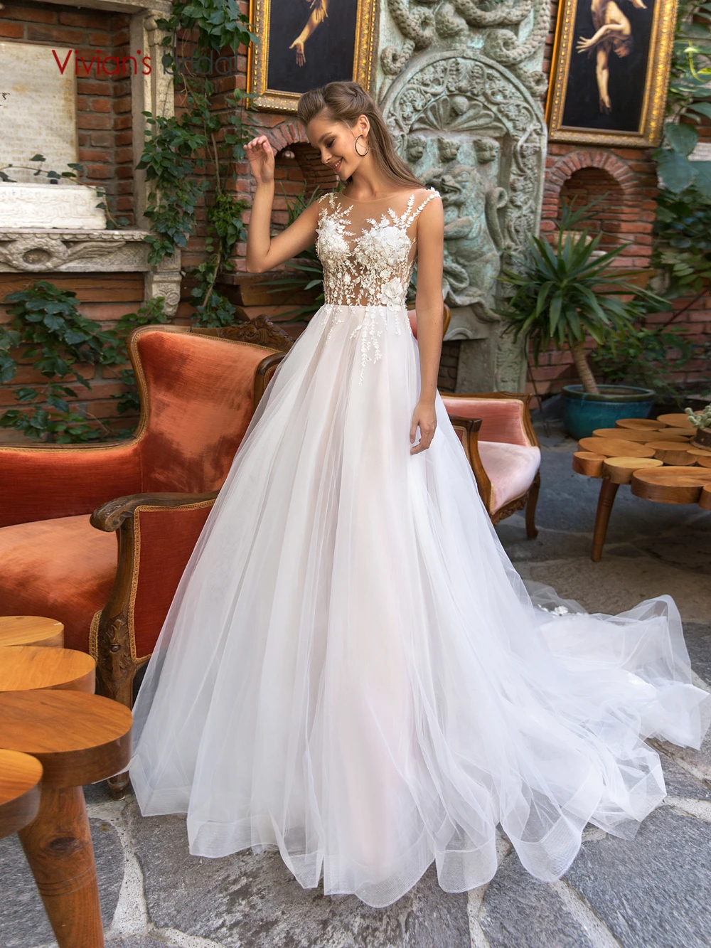 Свадебное платье Vivian's, сексуальное, Illsuion, сетка, цветочный принт, свадебное платье, элегантное, пышное, органза, со шлейфом, размера плюс, свадебное платье - Цвет: as picture