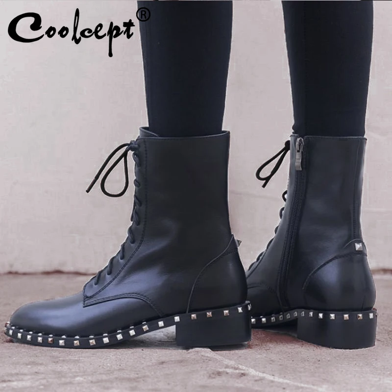 

Coolcept Flats Boots Women Genuine Leather Lace Up Warm Winter Shoes Women Add Fur Fashion Rivets Zipper Footwear Size 33-40