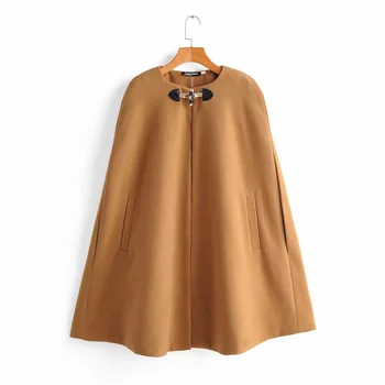 

Women's wool cloak 2020 fashion ladies O-neck solid color pocket button female autumn and winter elegant retro chic high street