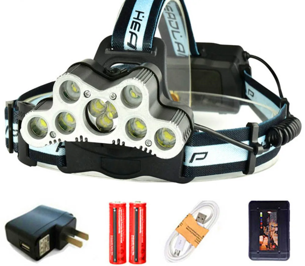 

New 20000LM 7xT6 9 LED Headlamp Fishing Headlight USB Rechargeable Hunting Light Led Flashlight Torch +2x 18650 Battery Q4