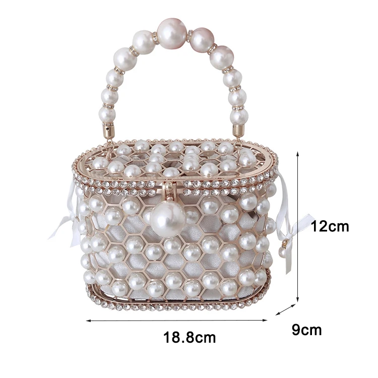 Flower Pearl Women's Handbag Fashion Designer Clutch Evening Bag Bead  Pearls Top Handle Bag Tote Busket Cage Shape Party Bag