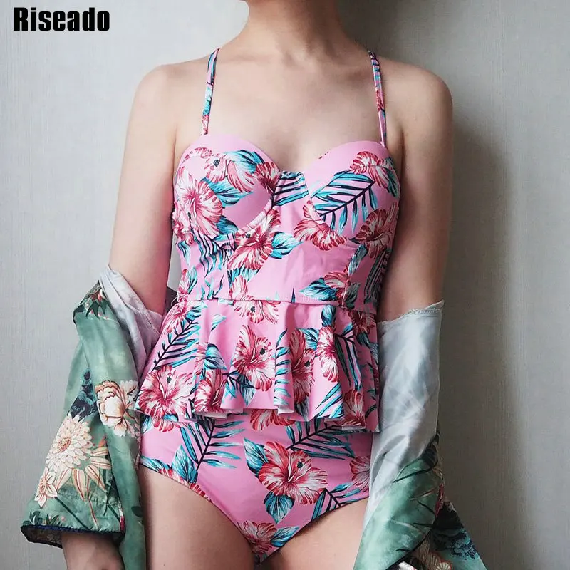 

Riseado New Push Up Two-piece Swimsuits Sexy Tankini Set 2019 Swimwear Women Ruffle Floral Printing Strap Bathing Suits