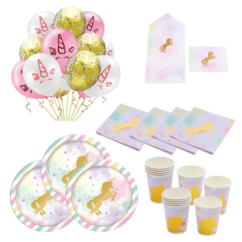 

Kids Birthday Unicorn Disposable Tableware Plate Cups Tablecloth Straws Unicorn Theme Birthday Children Party Decoration