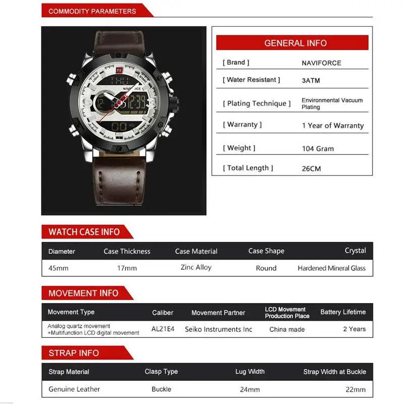 Naviforce многофункциональные мужские часы с двойным дисплеем светящиеся модные деловые водонепроницаемые кварцевые мужские часы Топ люксовый бренд