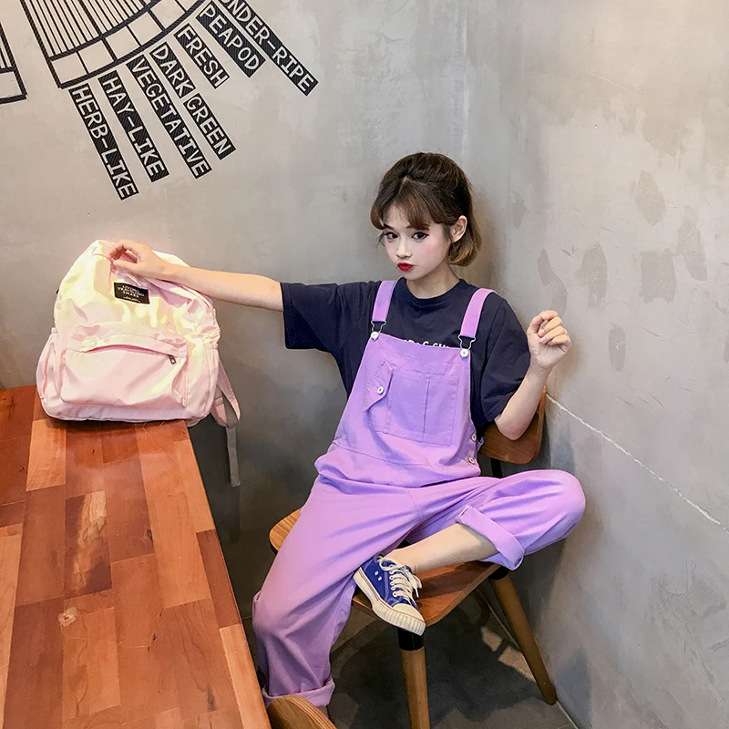 Комбинезоны для женщин с буквенным принтом фиолетовый Harajuku простой в Корейском стиле студенческие женские Комбинезоны свободные Kawaii повседневные до середины икры шик