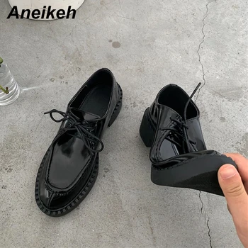 

Aneikeh Spring/Autumn Oxfords Women Shoes Flats PU Patent Leather Shallow Lace-Up Round Toe Casual Black Size 35-39 New Fashion