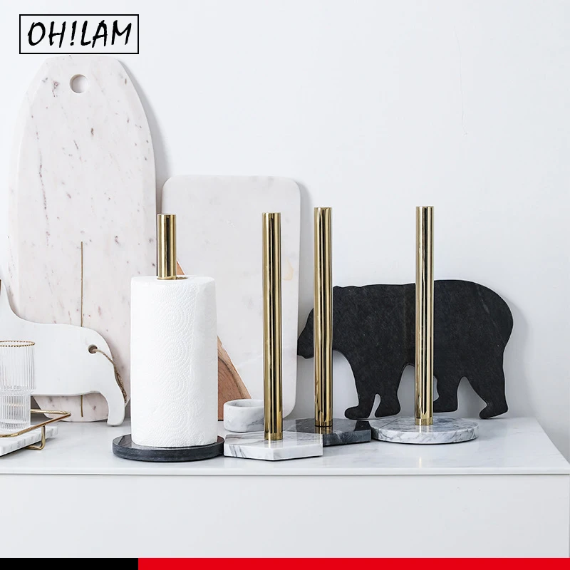 Gold Paper Towel Holder Standing Marble Base Vertical Paper Towel Rack Countertop Roll Holder