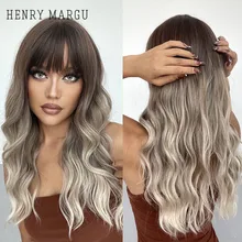 

HENRY MARGU Long Body Wave Synthetic Wig with Bangs Ombre Ash Brown Blonde Wigs for Women Heat Resistant Female Hair Cosplay