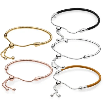 

PDB SL 10 100% 925 sterling silver slip black leather moment bracelet rope rose gold, 18k gold push pull bracelet