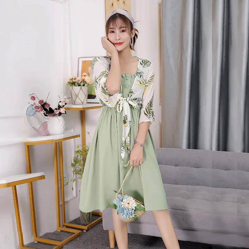 

2019 Photo Shoot New Style Maternity Clothes Summer Fashion Matcha Green Strapped Dress Two-Piece Set MORI Series Pregnant Women