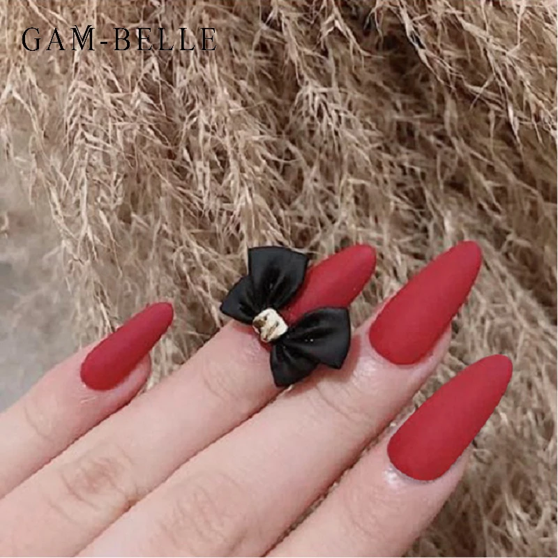 Gam Belle 3d Black Bow Decor Matte Red False Nails Long Ellipse Full Cover French Artificial Nail Art Tips Diy Manicure Tool False Nails Aliexpress