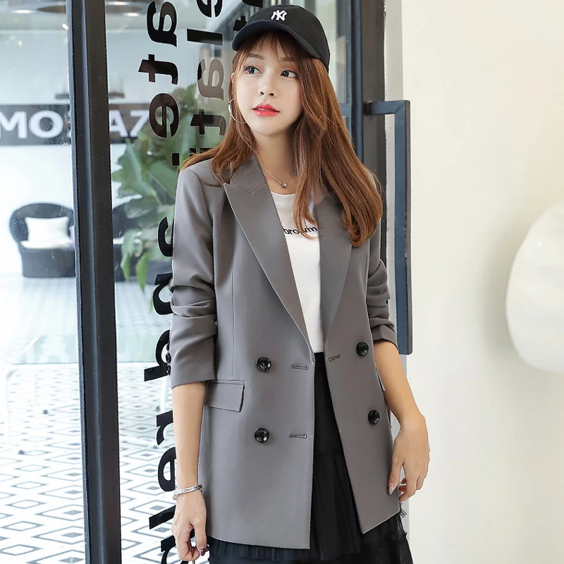 

Professional women's grey jacket 2019 new double-breasted suit jacket female Temperament loose interview suit high quality